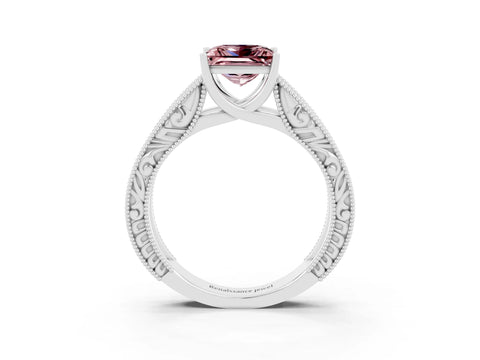 White gold Princess Cut Morganite Solitaire Ring with Engraved Band and Four-Prong Setting_3