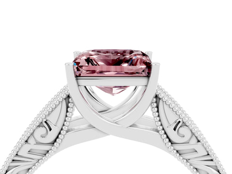 White gold Princess Cut Morganite Solitaire Ring with Engraved Band and Four-Prong Setting_4