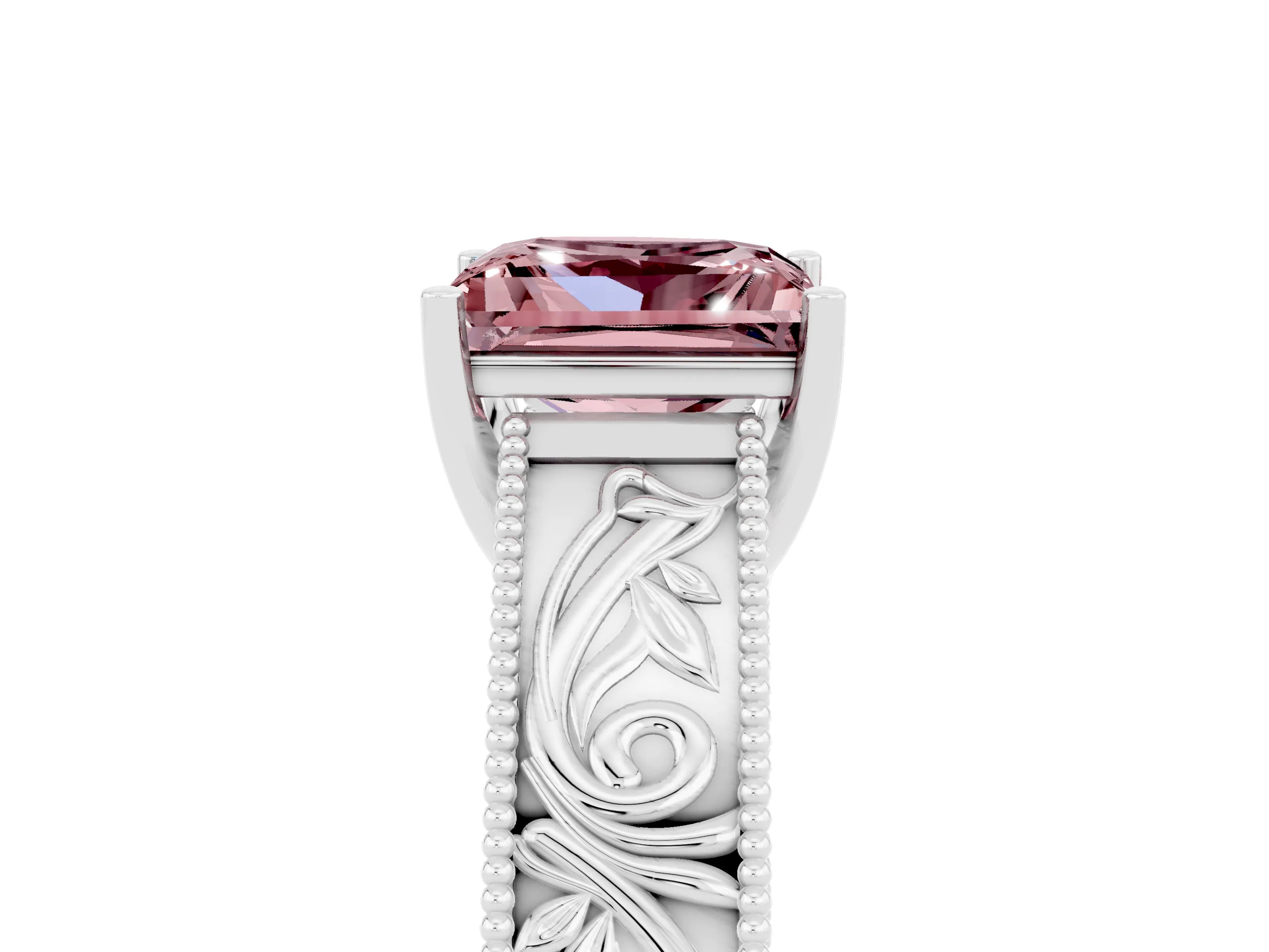 White gold Princess Cut Morganite Solitaire Ring with Engraved Band and Four-Prong Setting_5