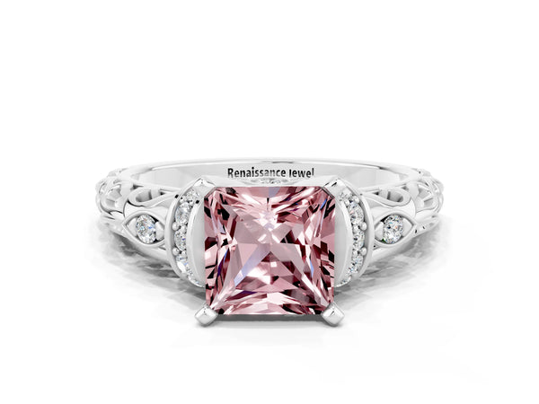 Platinum Princess Cut Morganite Solitaire Ring with Filigree Band and Four-Prong Setting
