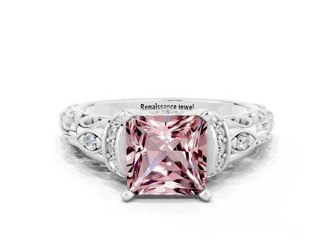 White gold Princess Cut Morganite Solitaire Ring with Filigree Band and Four-Prong Setting_24