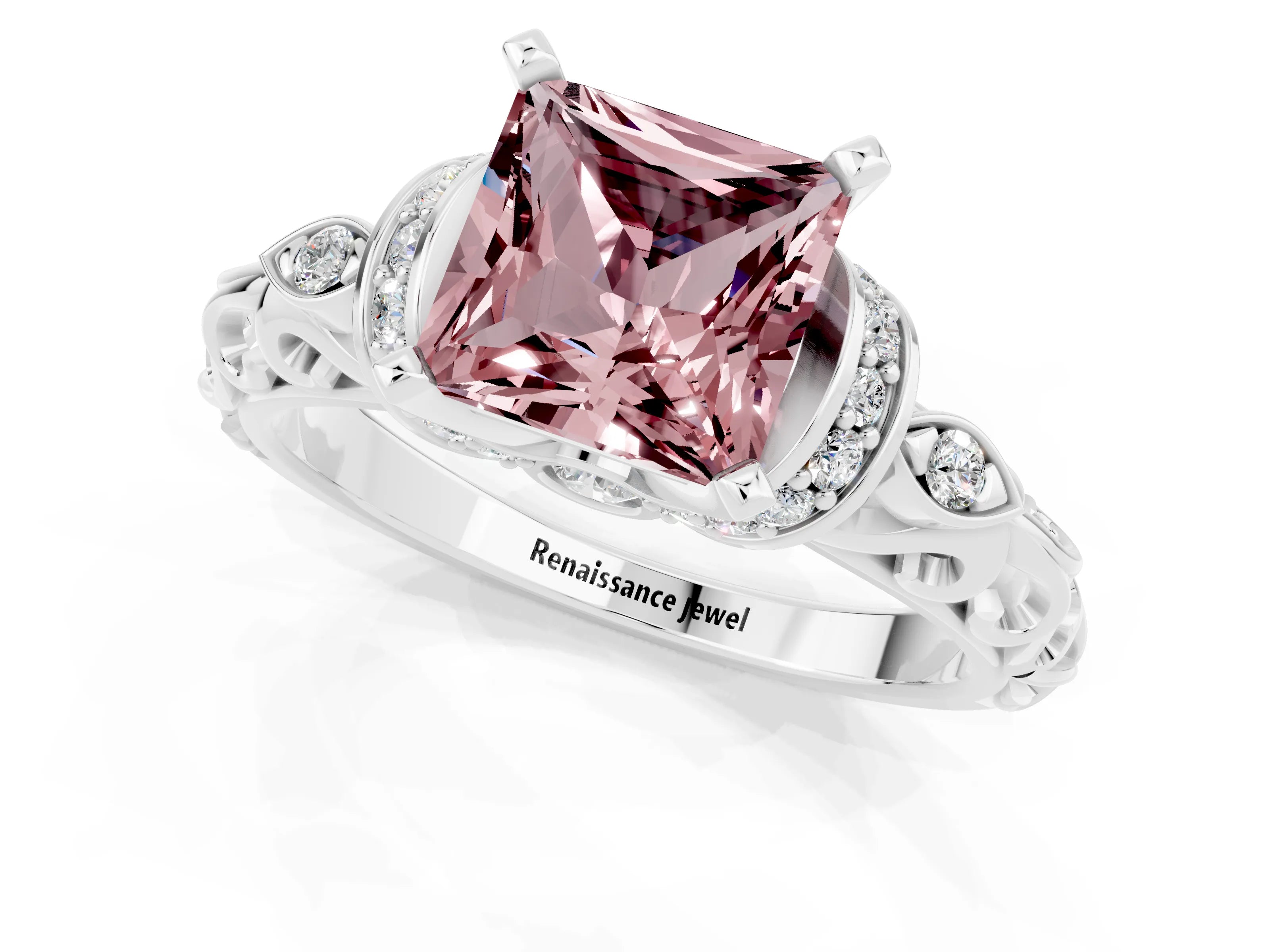 White gold Princess Cut Morganite Solitaire Ring with Filigree Band and Four-Prong Setting_25