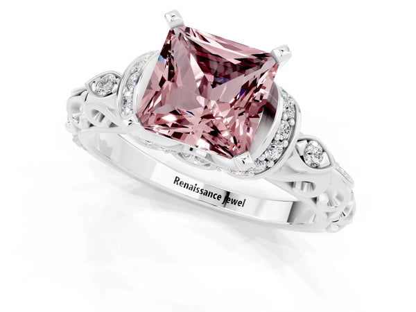 White gold Princess Cut Morganite Solitaire Ring with Filigree Band and Four-Prong Setting