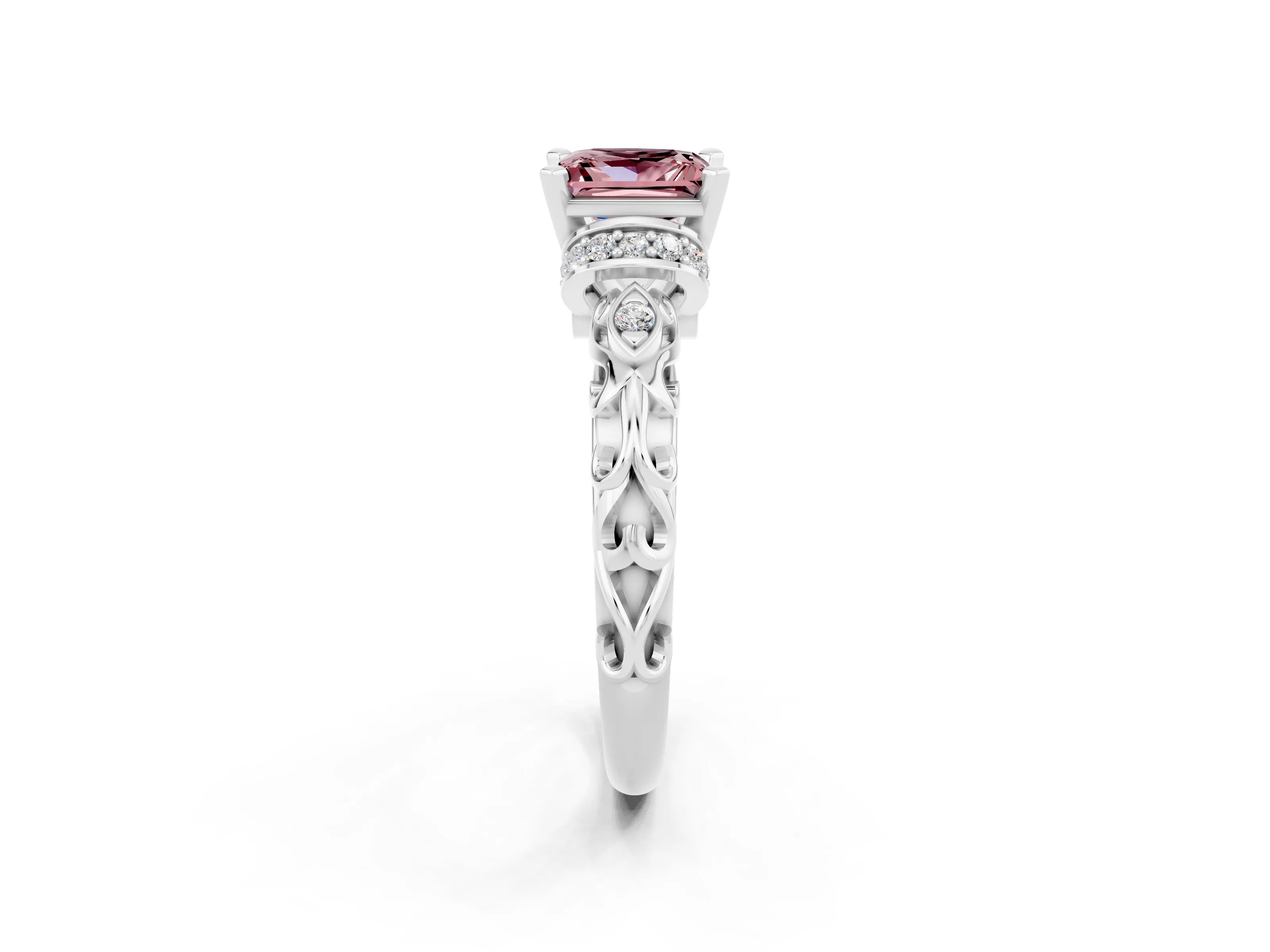 White gold Princess Cut Morganite Solitaire Ring with Filigree Band and Four-Prong Setting_26