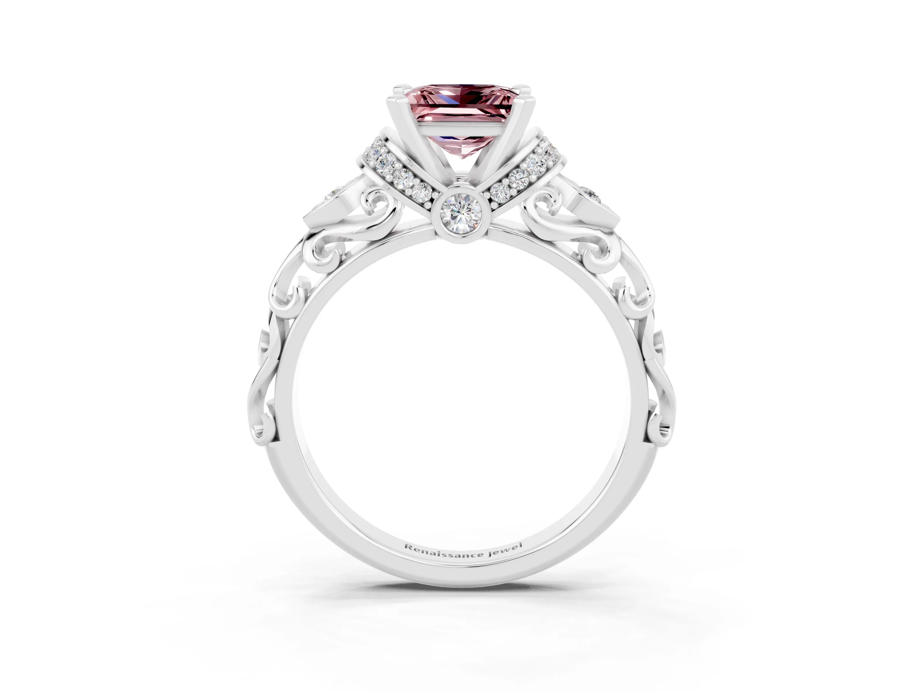White gold Princess Cut Morganite Solitaire Ring with Filigree Band and Four-Prong Setting_27