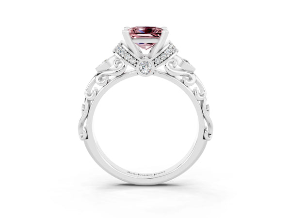 Silver Princess Cut Morganite Solitaire Ring with Filigree Band and Four-Prong Setting
