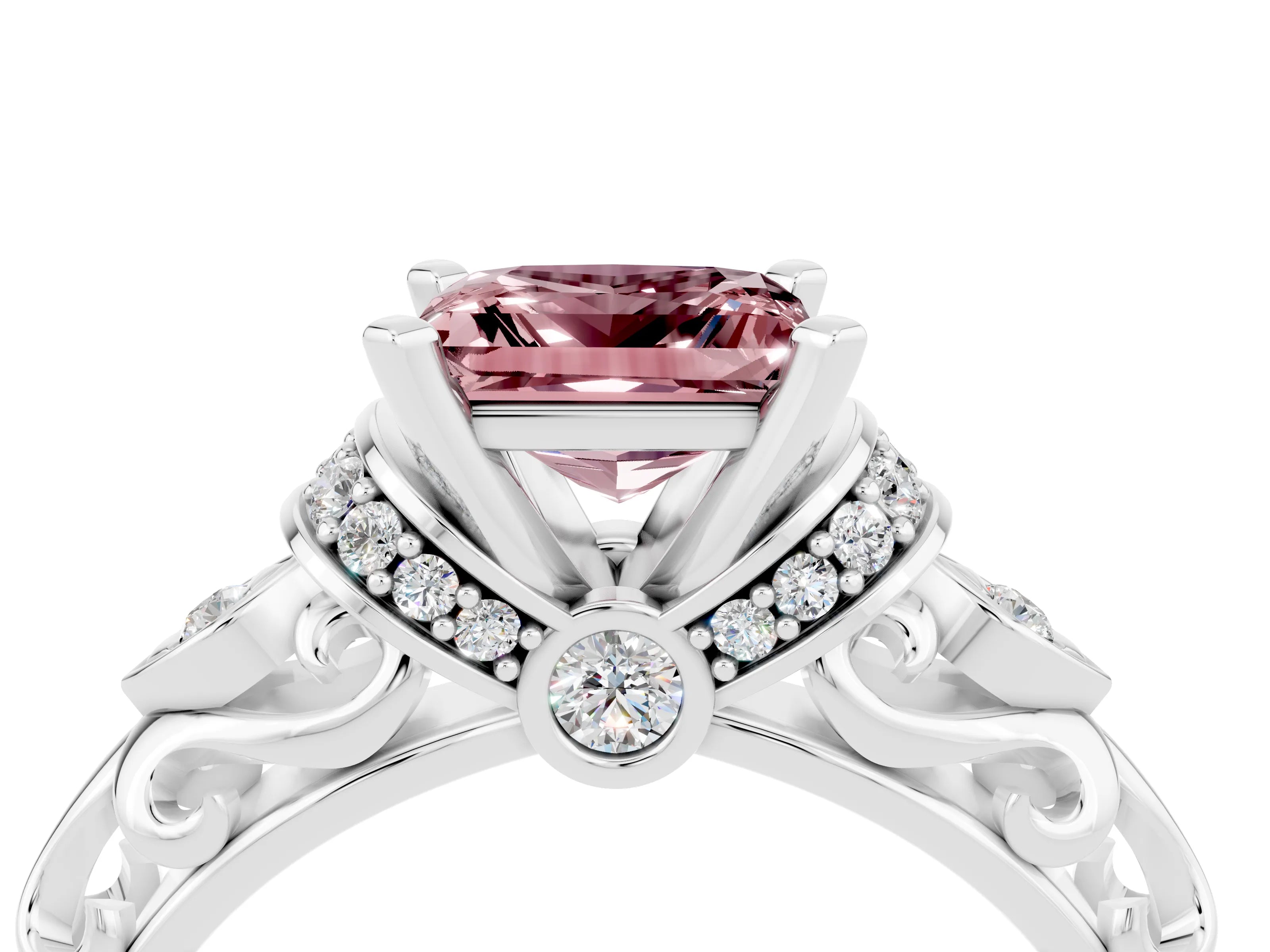 White gold Princess Cut Morganite Solitaire Ring with Filigree Band and Four-Prong Setting_28
