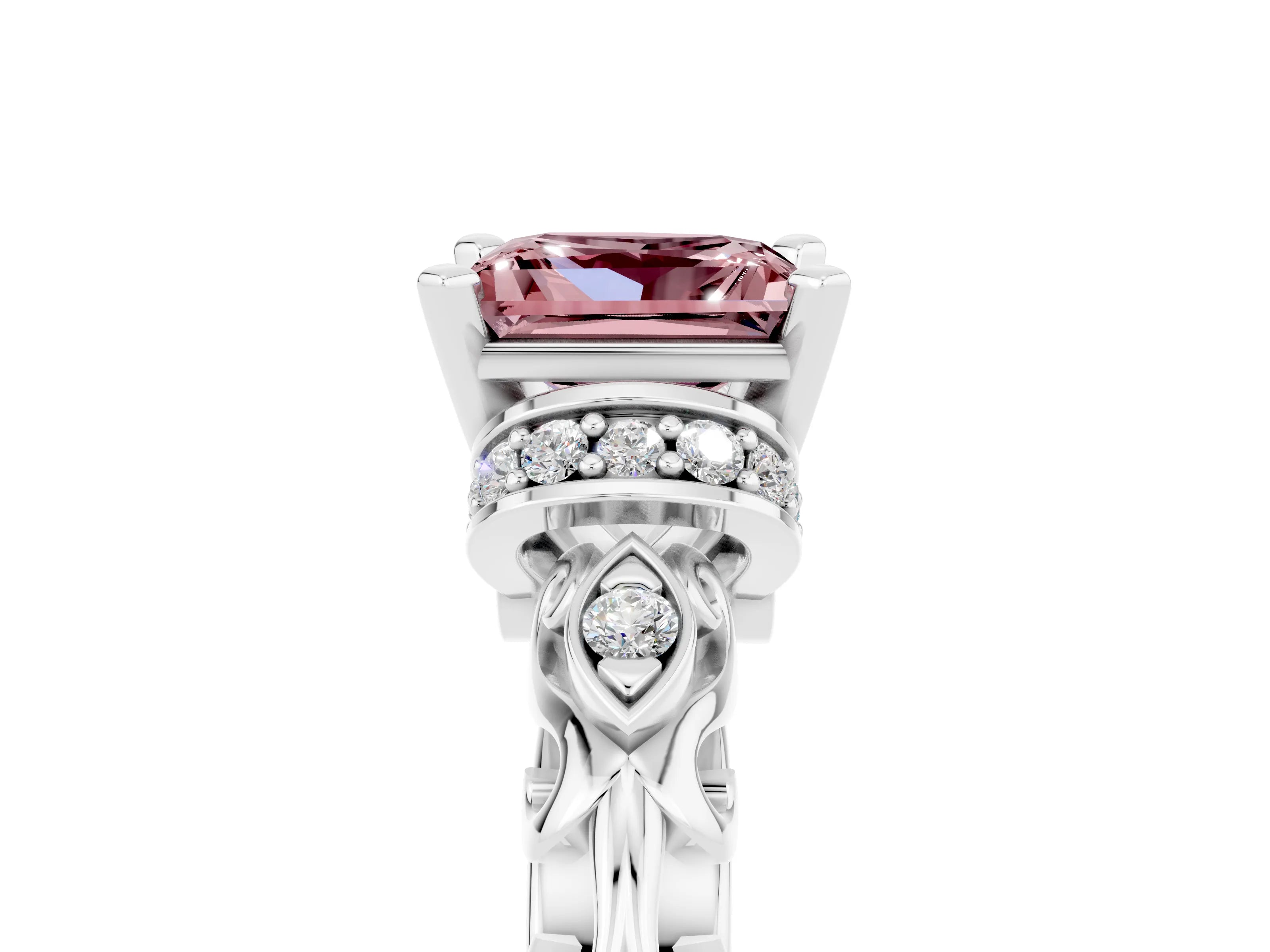 White gold Princess Cut Morganite Solitaire Ring with Filigree Band and Four-Prong Setting_29