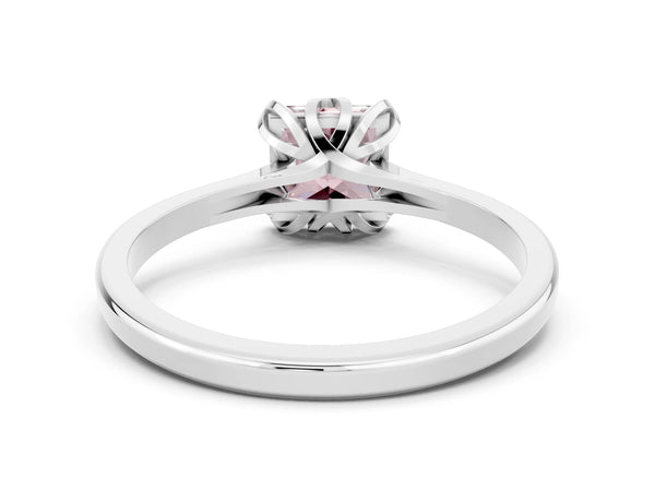 Platinum Princess Cut Morganite Solitaire Ring with Flower Prong Setting and Classic Band