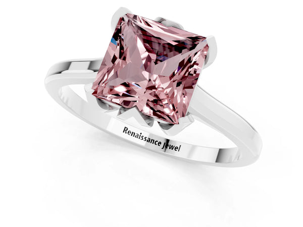 Silver Princess Cut Morganite Solitaire Ring with Flower Prong Setting and Classic Band