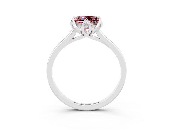 Silver Princess Cut Morganite Solitaire Ring with Flower Prong Setting and Classic Band