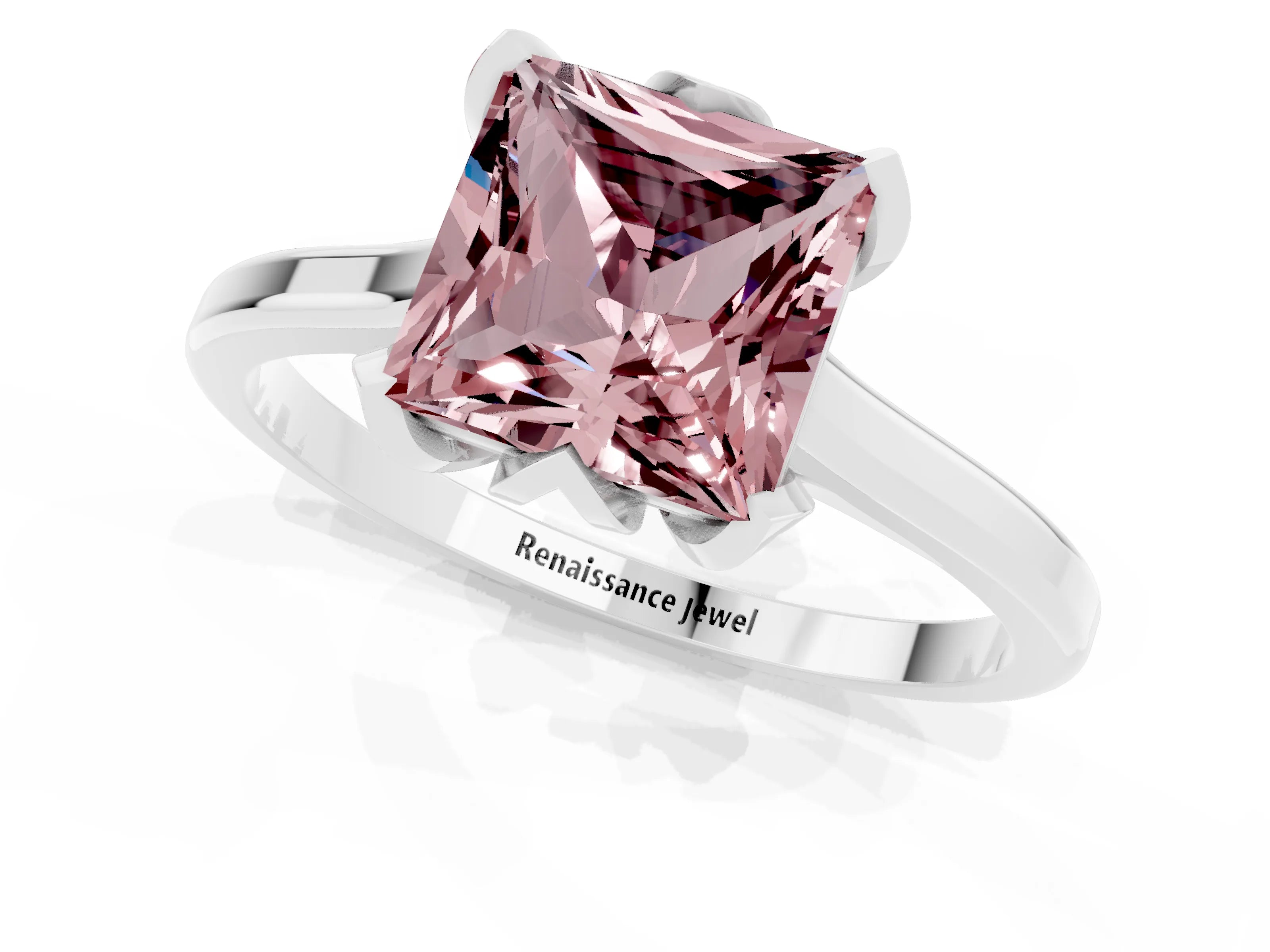 White gold Princess Cut Morganite Solitaire Ring with Flower Prong Setting and Classic Band_25