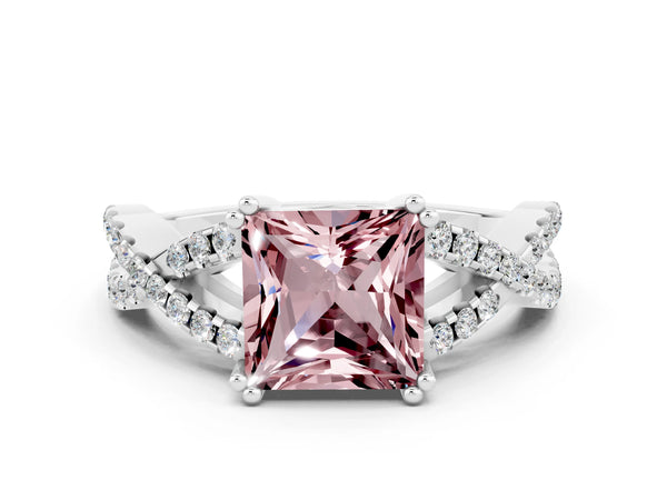 Platinum Princess Cut Morganite Solitaire Ring with Four-Prong Setting and Twisted Pavé Band