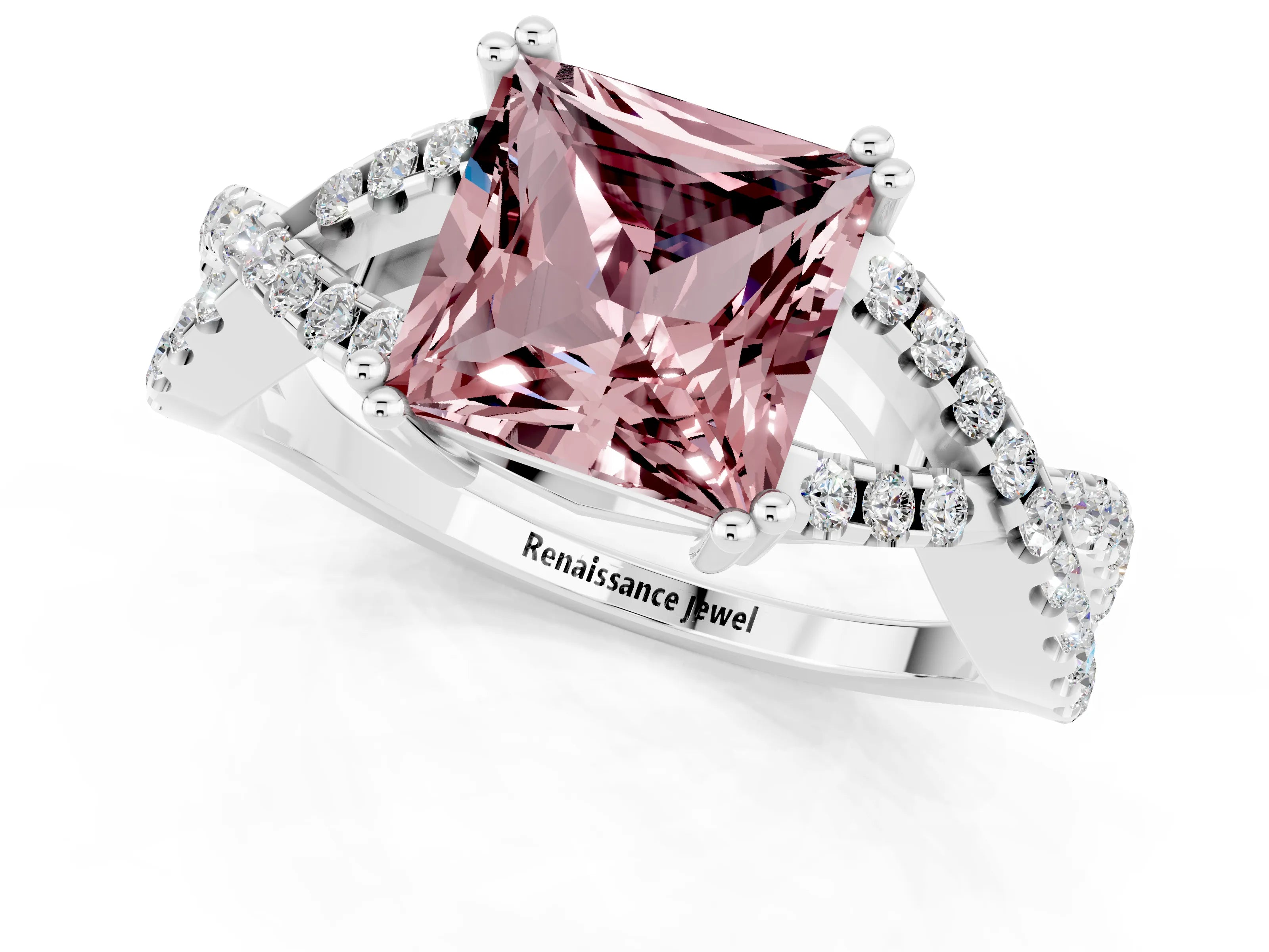 White gold Princess Cut Morganite Solitaire Ring with Four-Prong Setting and Twisted Pavé Band_1