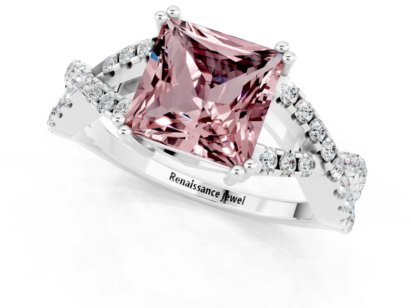 White gold Princess Cut Morganite Solitaire Ring with Four-Prong Setting and Twisted Pavé Band