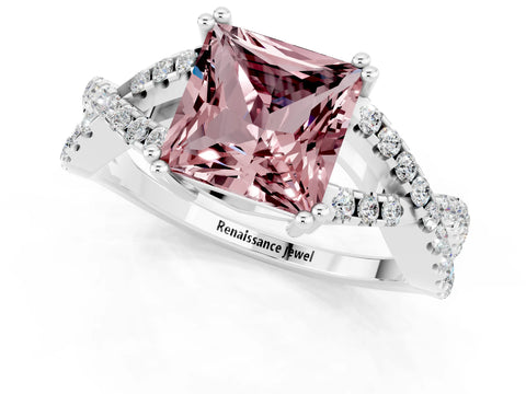 White gold Princess Cut Morganite Solitaire Ring with Four-Prong Setting and Twisted Pavé Band_1