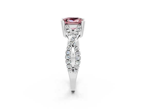 Platinum Princess Cut Morganite Solitaire Ring with Four-Prong Setting and Twisted Pavé Band