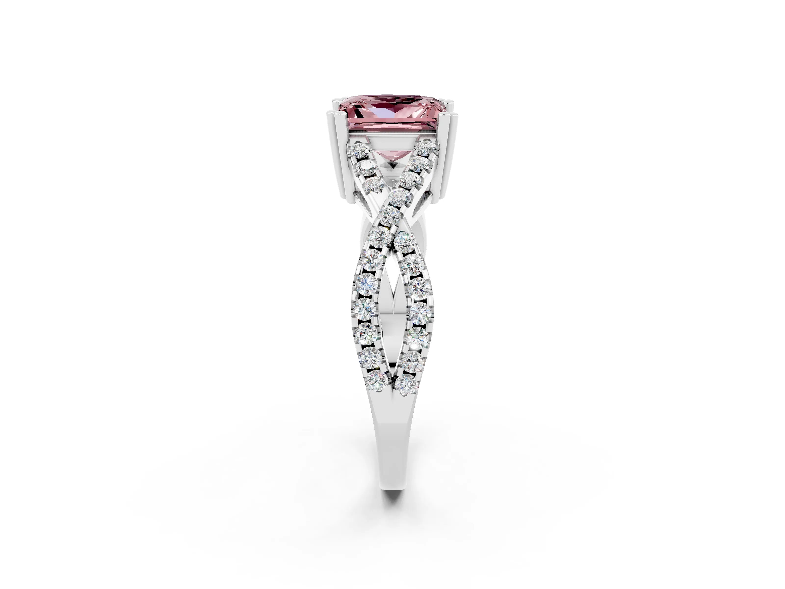 White gold Princess Cut Morganite Solitaire Ring with Four-Prong Setting and Twisted Pavé Band_2
