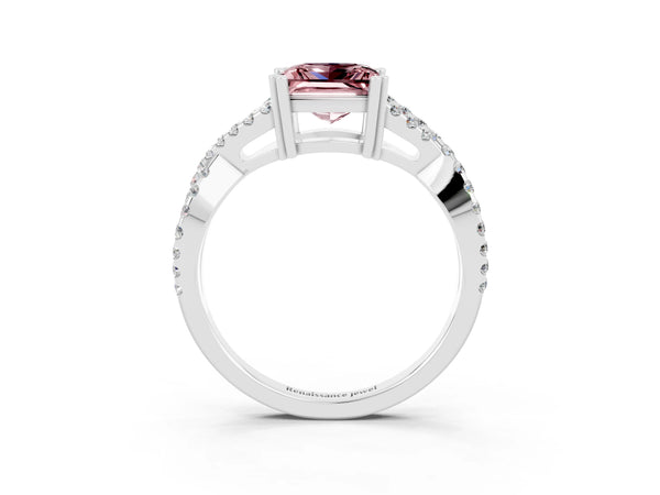 White gold Princess Cut Morganite Solitaire Ring with Four-Prong Setting and Twisted Pavé Band
