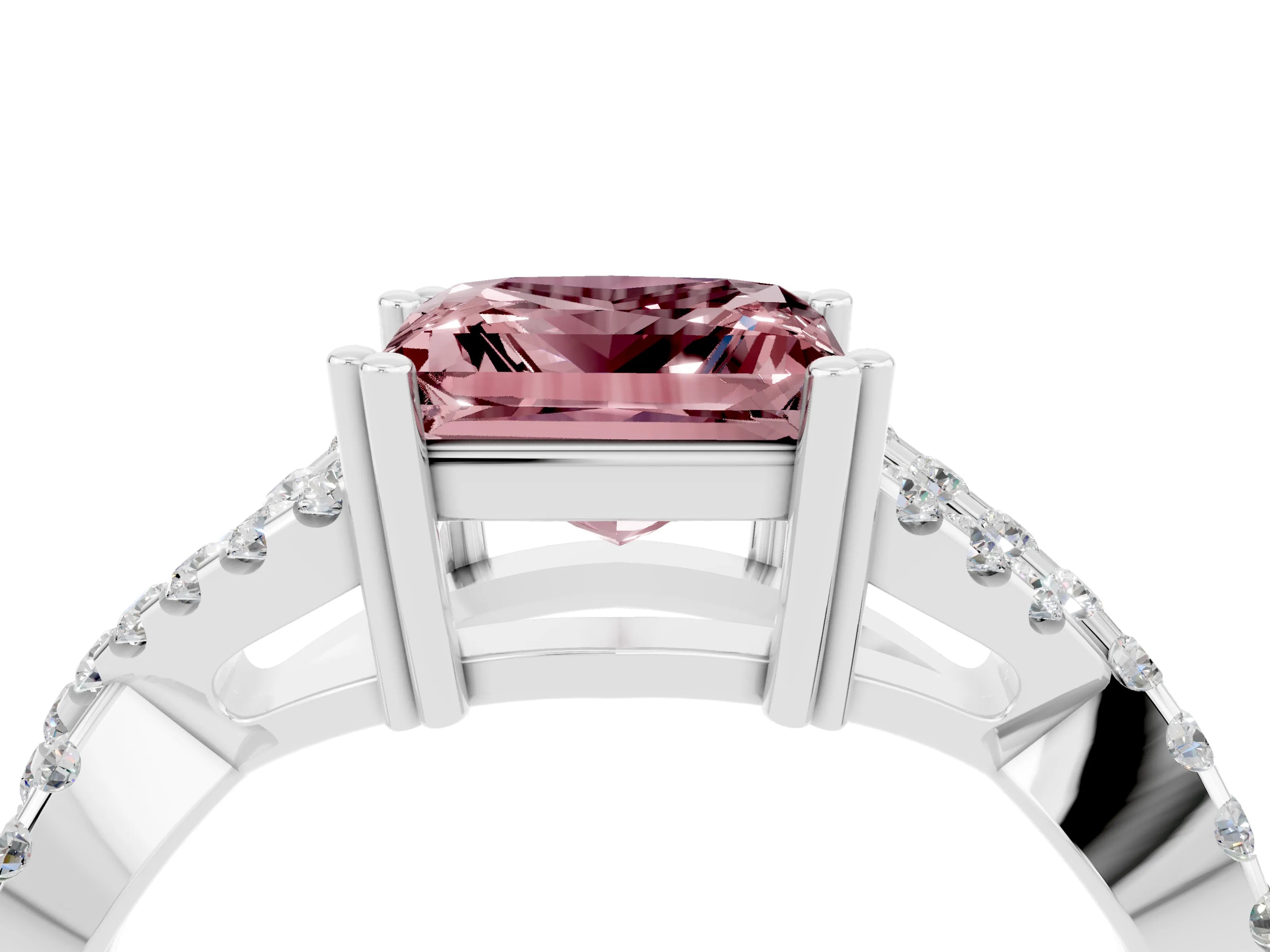 White gold Princess Cut Morganite Solitaire Ring with Four-Prong Setting and Twisted Pavé Band_4
