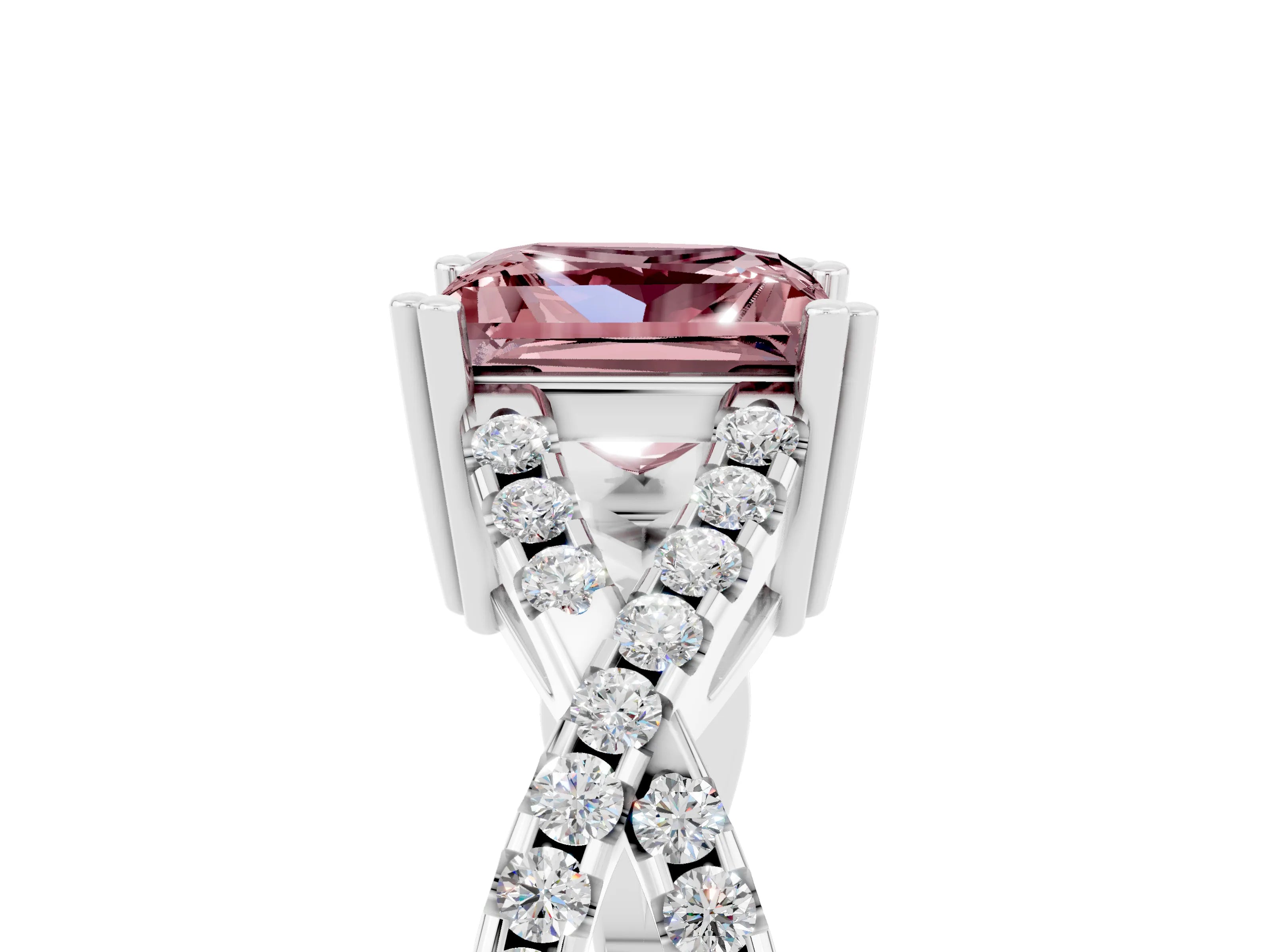 White gold Princess Cut Morganite Solitaire Ring with Four-Prong Setting and Twisted Pavé Band_5