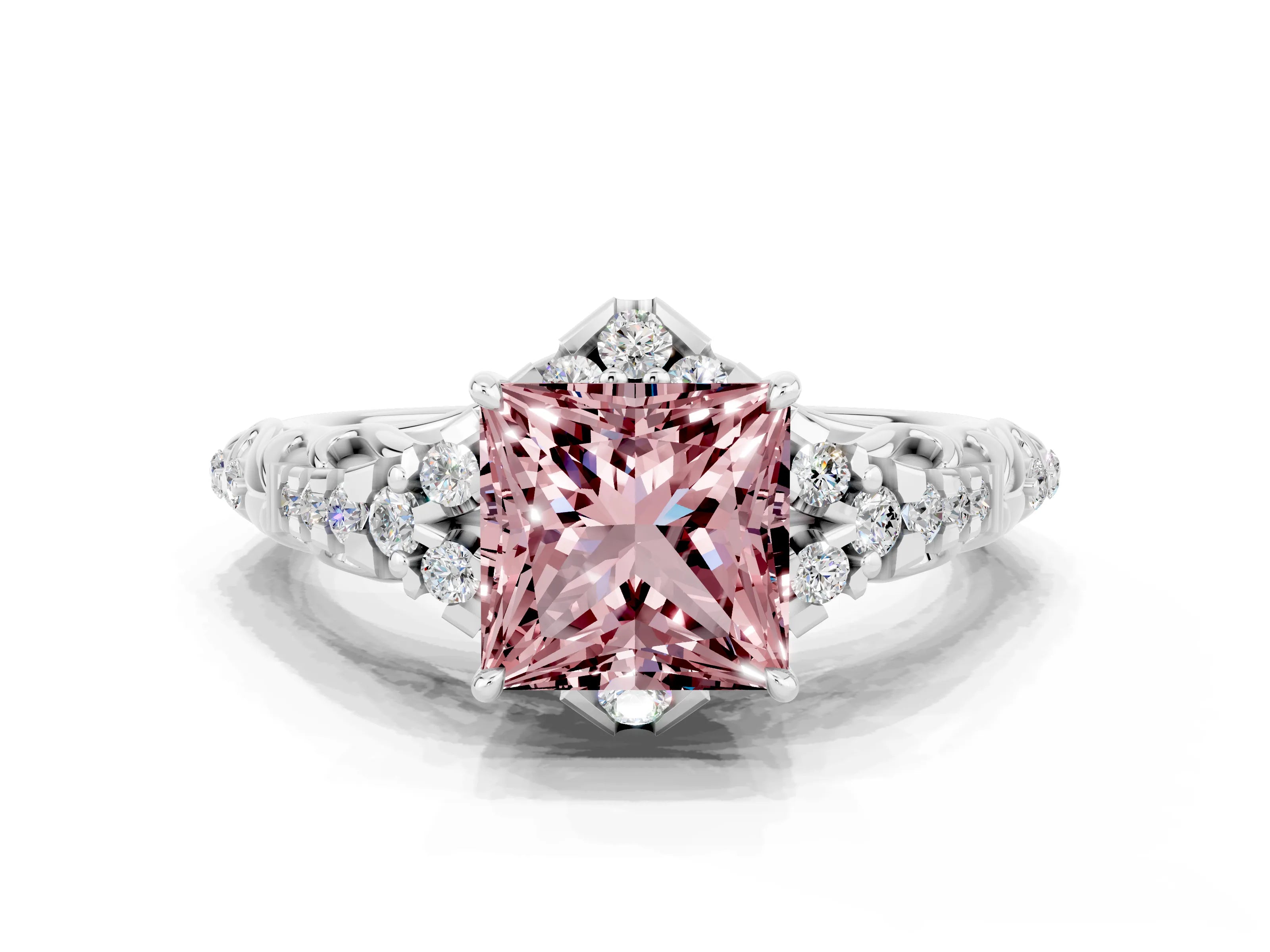 White gold Princess Cut Morganite Solitaire Ring with Hidden Halo and Pavé Band_12