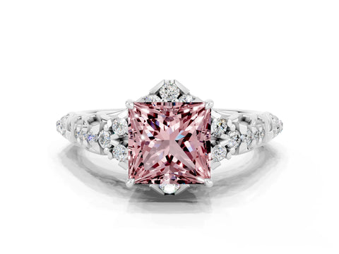White gold Princess Cut Morganite Solitaire Ring with Hidden Halo and Pavé Band_12