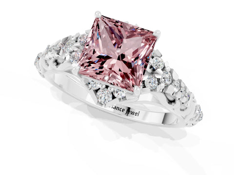 White gold Princess Cut Morganite Solitaire Ring with Hidden Halo and Pavé Band_13
