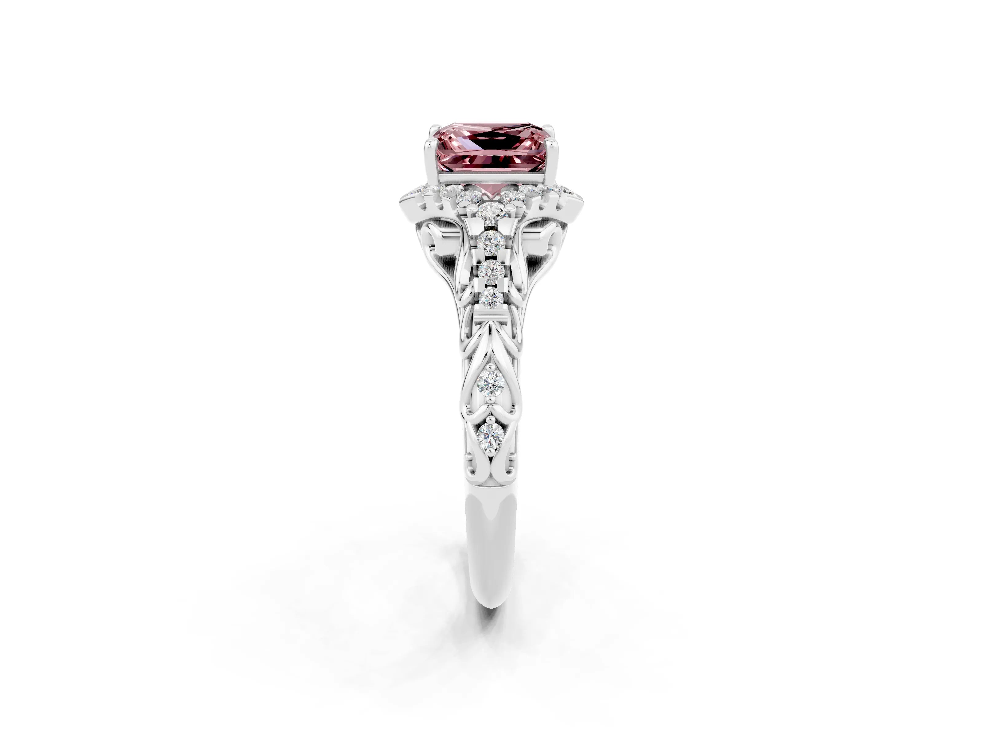 White gold Princess Cut Morganite Solitaire Ring with Hidden Halo and Pavé Band_14