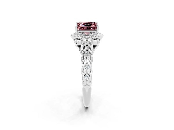 White gold Princess Cut Morganite Solitaire Ring with Hidden Halo and Pavé Band