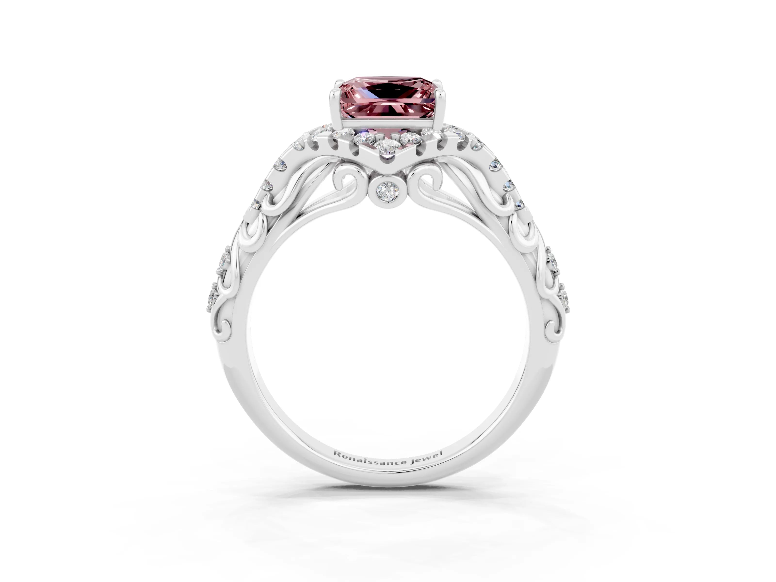 White gold Princess Cut Morganite Solitaire Ring with Hidden Halo and Pavé Band_15