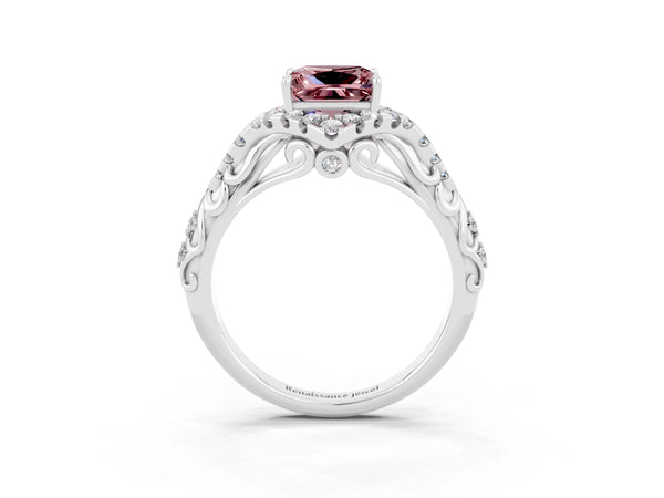 Silver Princess Cut Morganite Solitaire Ring with Hidden Halo and Pavé Band