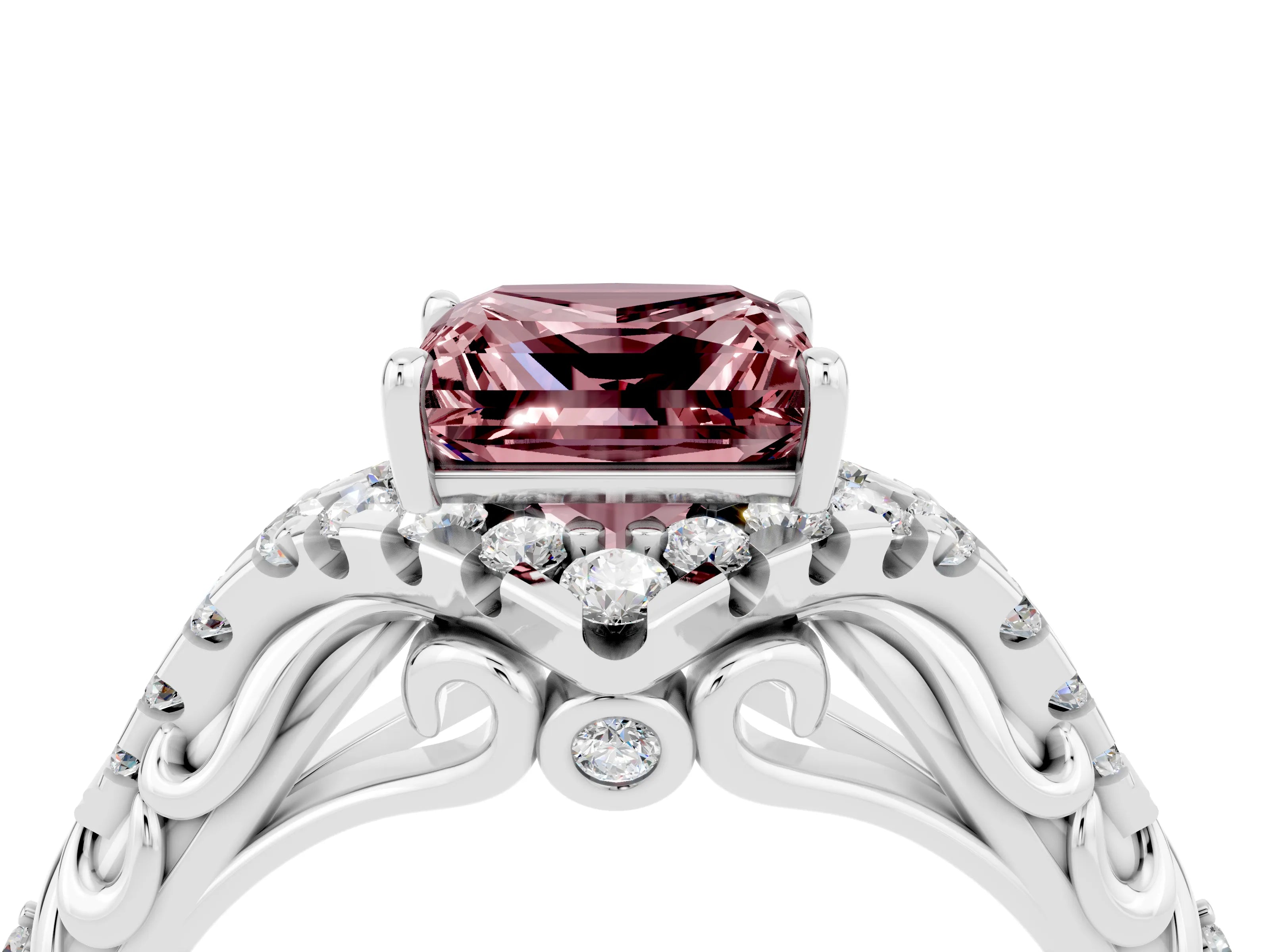 White gold Princess Cut Morganite Solitaire Ring with Hidden Halo and Pavé Band_16