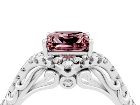White gold Princess Cut Morganite Solitaire Ring with Hidden Halo and Pavé Band_16