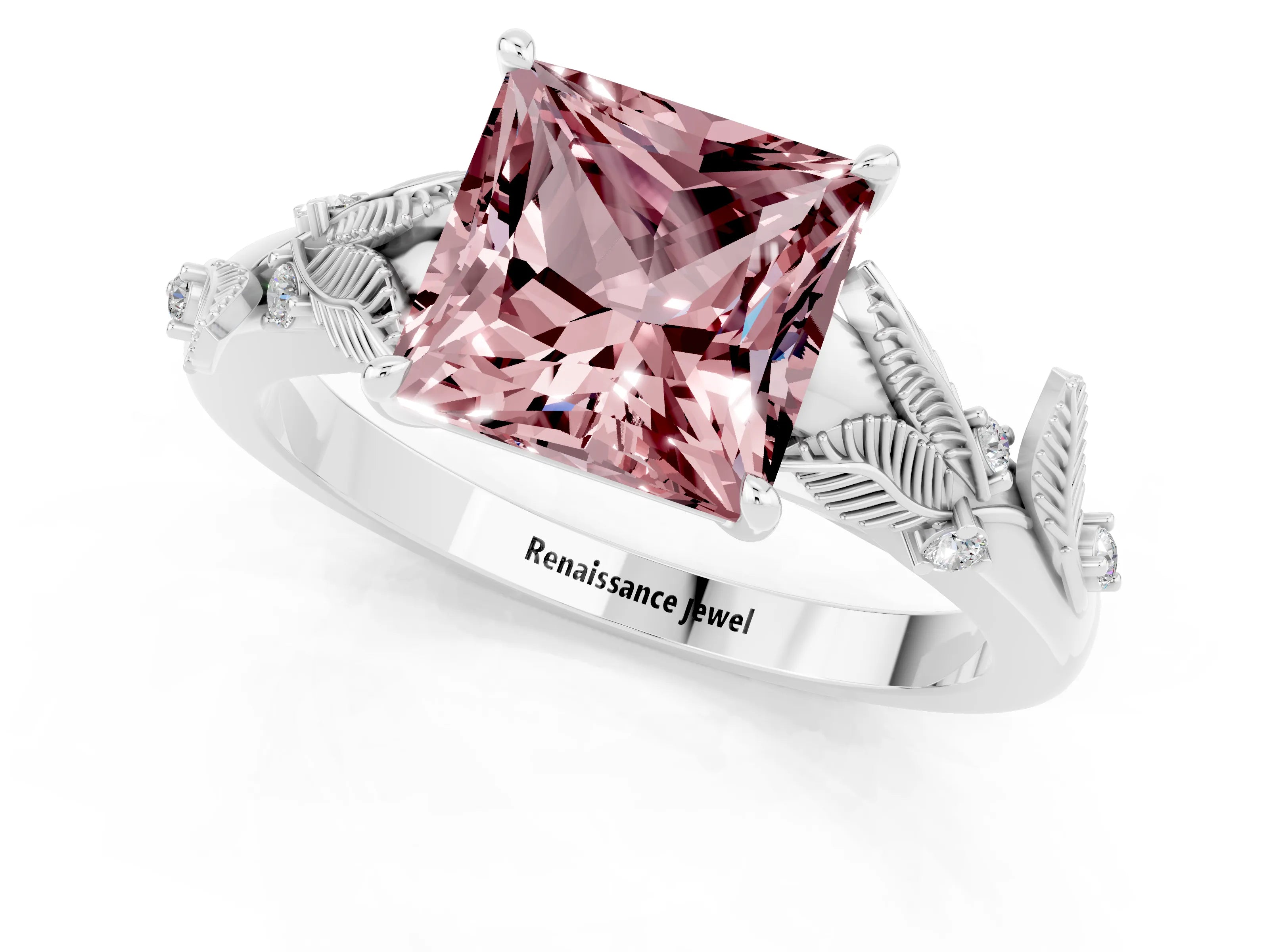 White gold Princess Cut Morganite Solitaire Ring with Leaf Motif Band and Four-Prong Setting_1