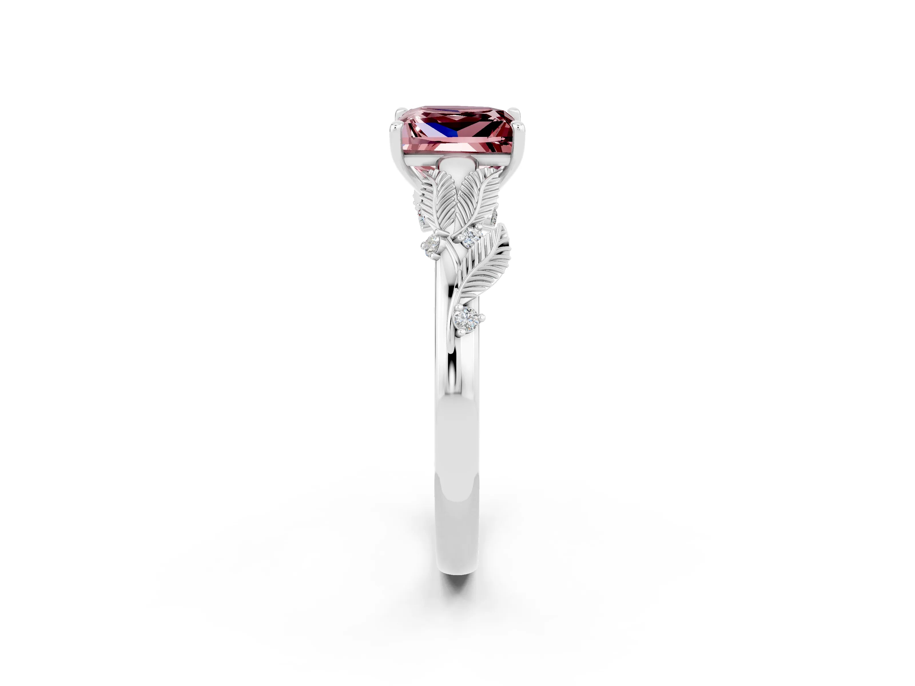 White gold Princess Cut Morganite Solitaire Ring with Leaf Motif Band and Four-Prong Setting_14