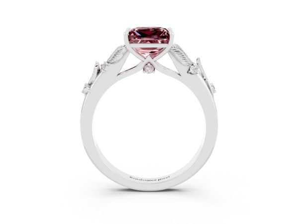 White gold Princess Cut Morganite Solitaire Ring with Leaf Motif Band and Four-Prong Setting