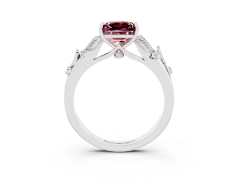 White gold Princess Cut Morganite Solitaire Ring with Leaf Motif Band and Four-Prong Setting_15
