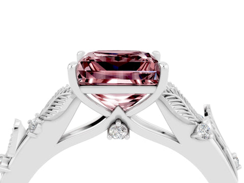 White gold Princess Cut Morganite Solitaire Ring with Leaf Motif Band and Four-Prong Setting_16