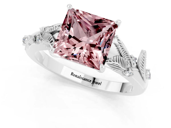 Silver Princess Cut Morganite Solitaire Ring with Leaf Motif Band and Four-Prong Setting