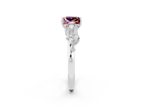 White gold Princess Cut Morganite Solitaire Ring with Leaf Motif Band and Four-Prong Setting_2