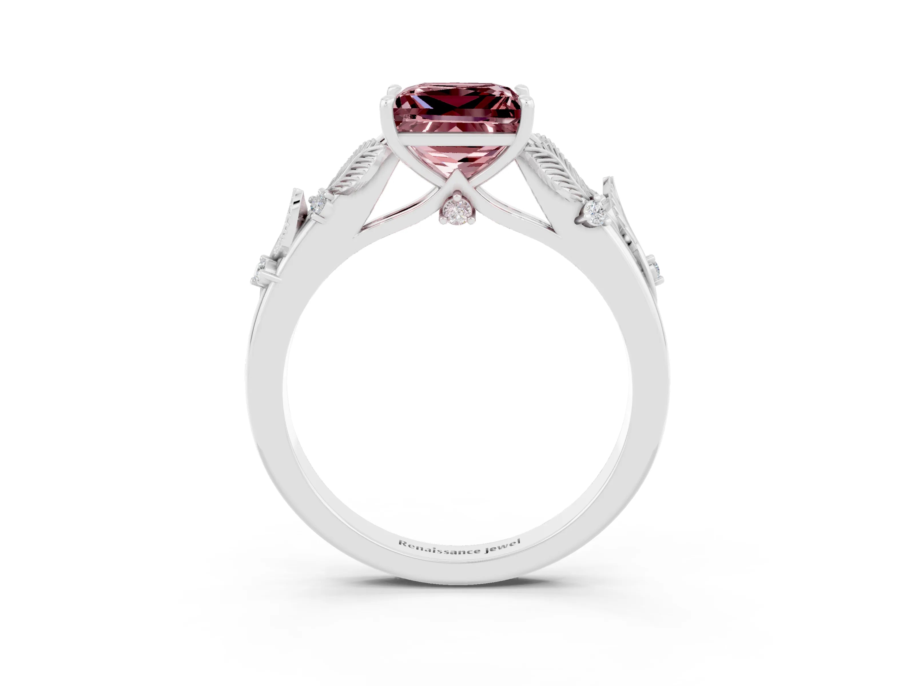 White gold Princess Cut Morganite Solitaire Ring with Leaf Motif Band and Four-Prong Setting_3