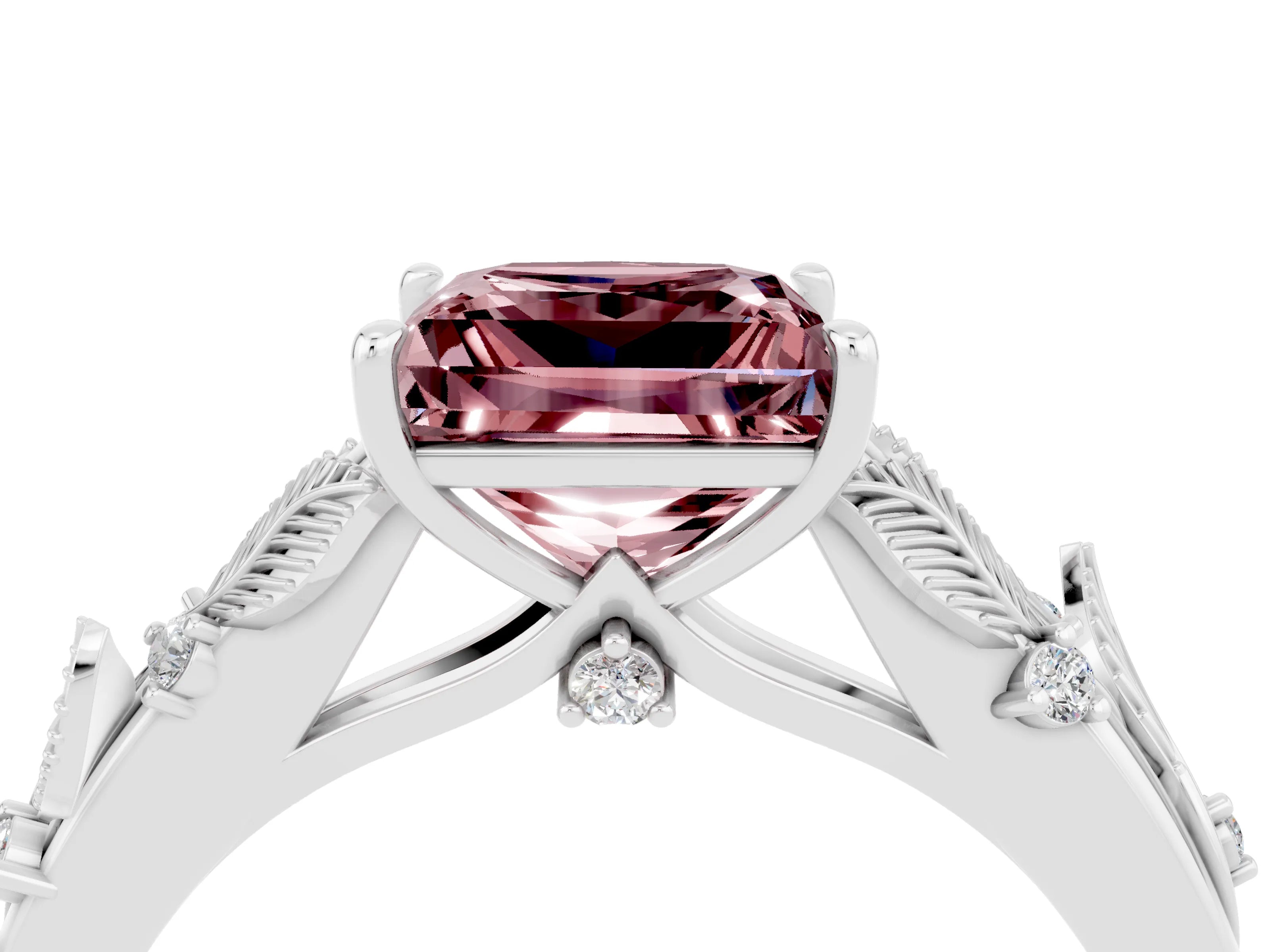 White gold Princess Cut Morganite Solitaire Ring with Leaf Motif Band and Four-Prong Setting_4