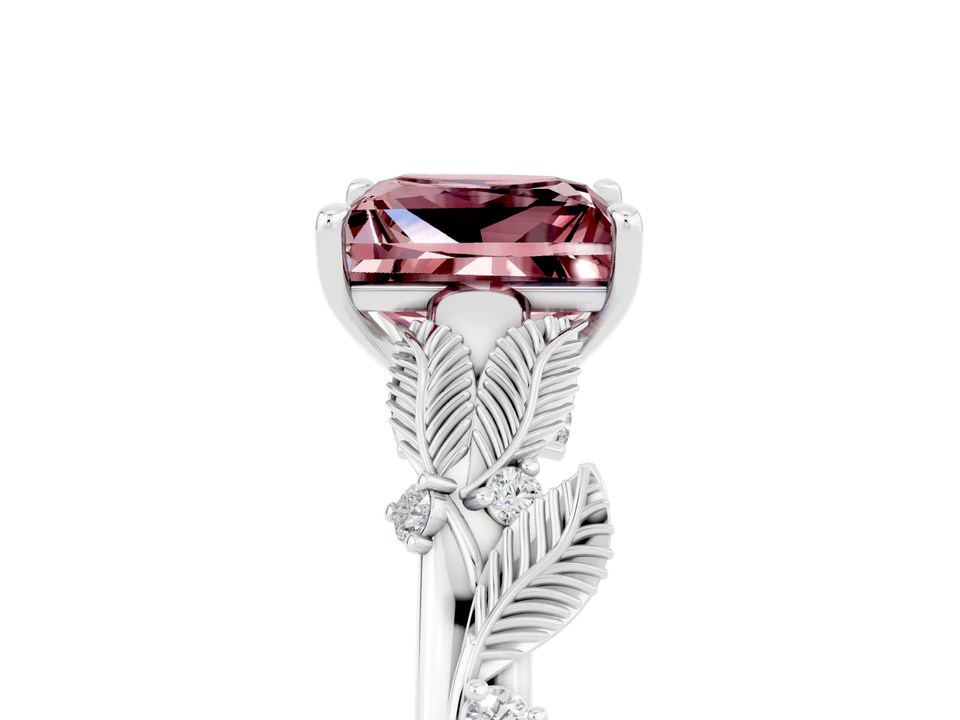 White gold Princess Cut Morganite Solitaire Ring with Leaf Motif Band and Four-Prong Setting_5