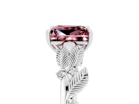 White gold Princess Cut Morganite Solitaire Ring with Leaf Motif Band and Four-Prong Setting_5