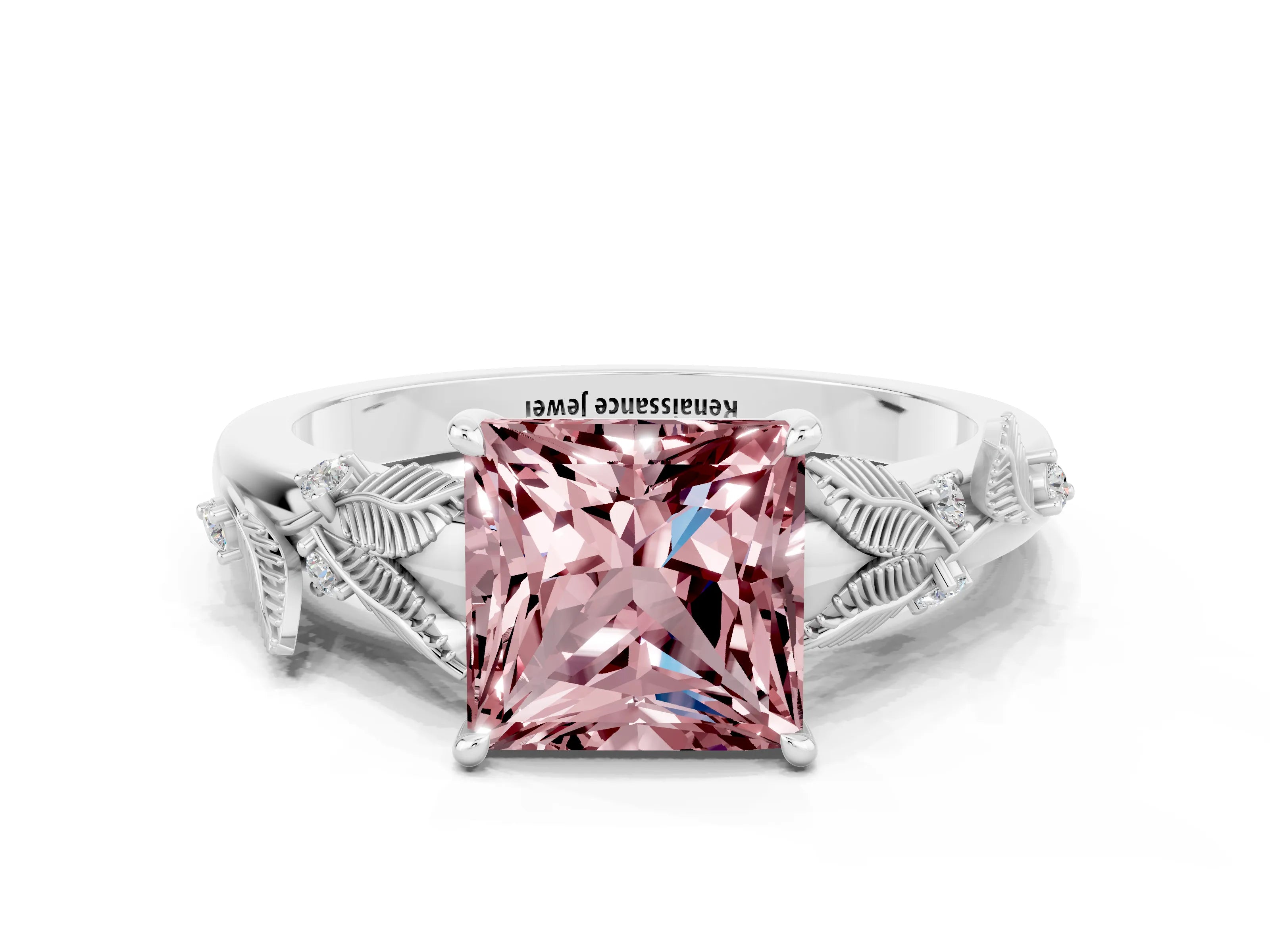 White gold Princess Cut Morganite Solitaire Ring with Leaf Motif Band and Four-Prong Setting