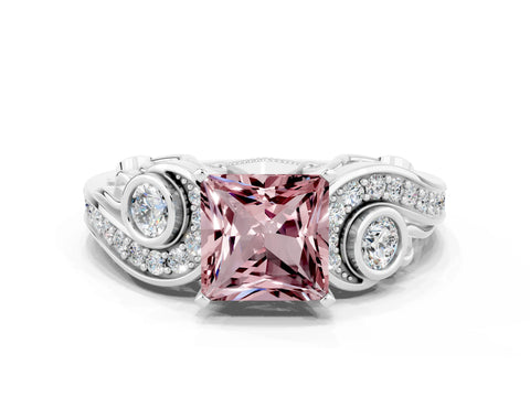 White gold Princess Cut Morganite Solitaire Ring with Milgrain Pavé Band and Four-Prong Setting_12