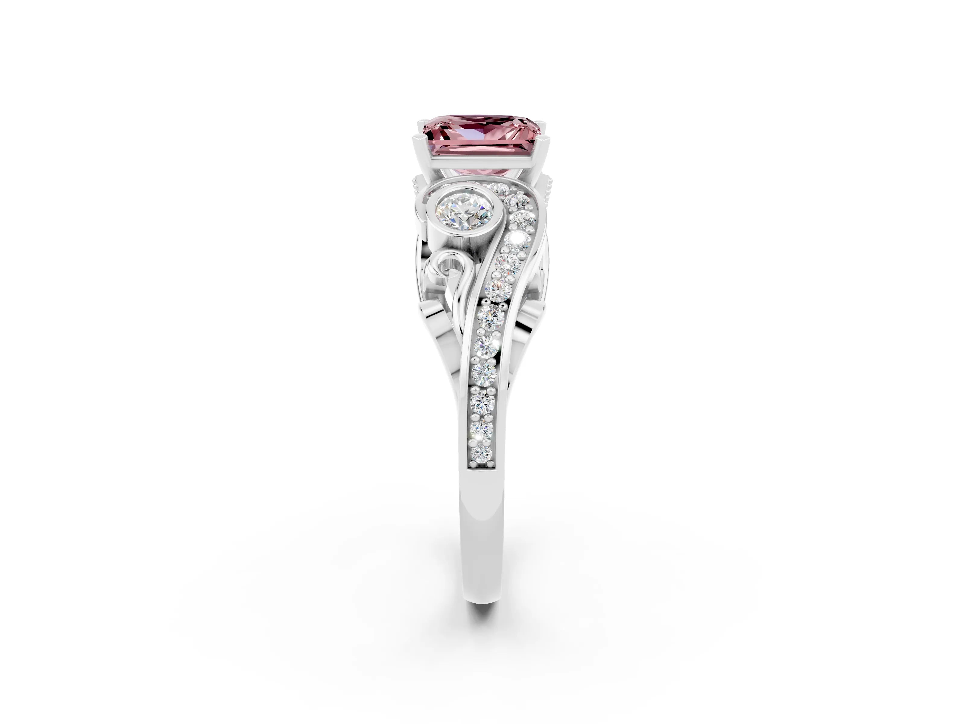 White gold Princess Cut Morganite Solitaire Ring with Milgrain Pavé Band and Four-Prong Setting_14