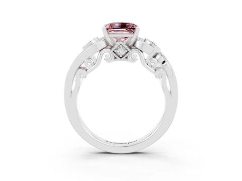 White gold Princess Cut Morganite Solitaire Ring with Milgrain Pavé Band and Four-Prong Setting_15