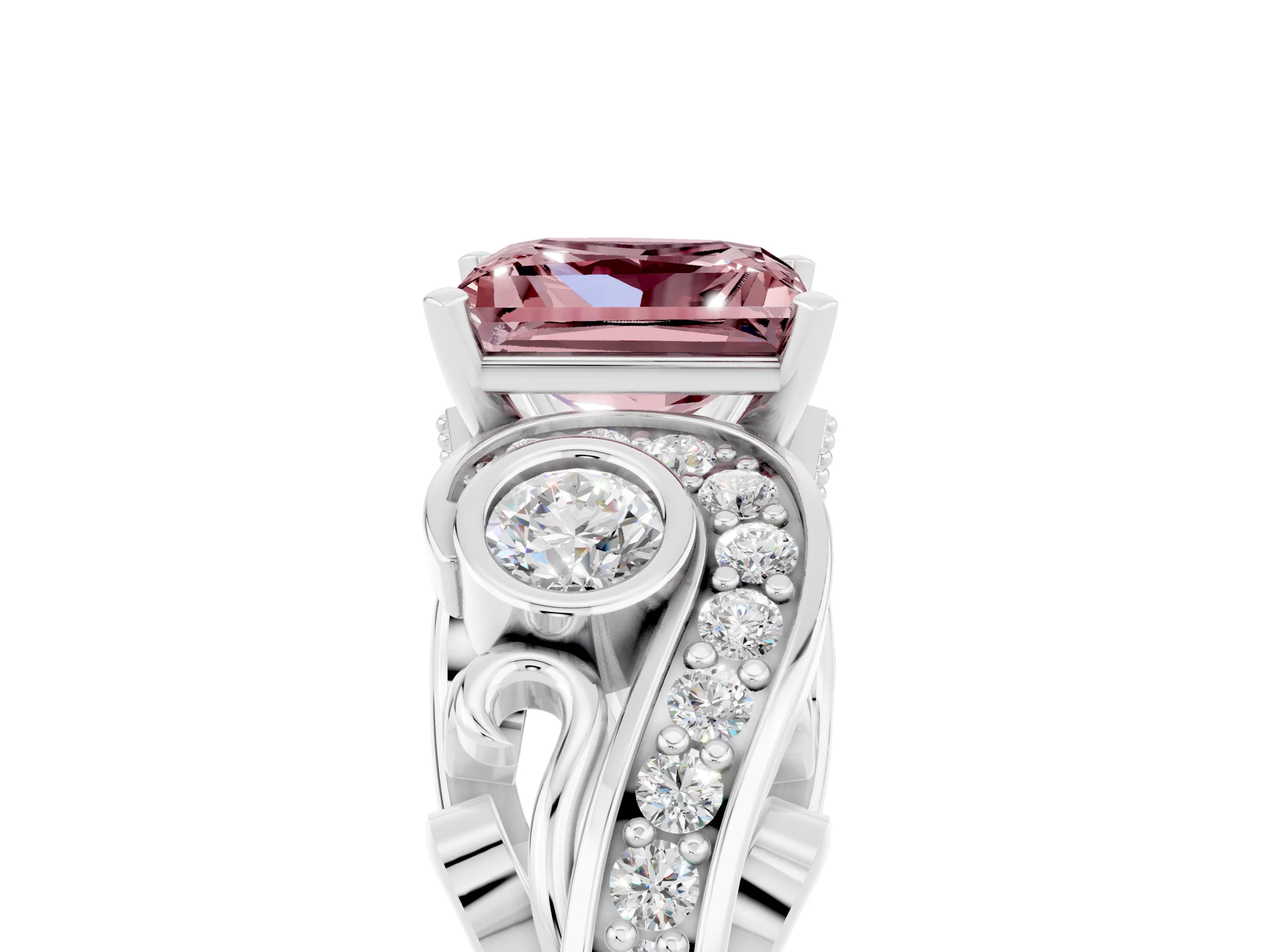 White gold Princess Cut Morganite Solitaire Ring with Milgrain Pavé Band and Four-Prong Setting_17